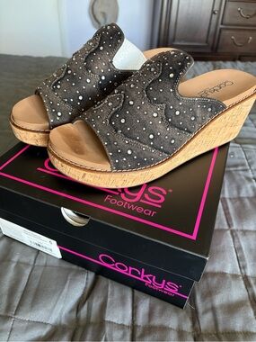 Corkys Black washed Studded Cork Wedge Slide